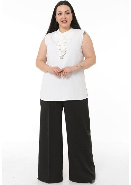 Büyük Beden Beli Yanlardan ve Arkadan Lastikli Bol Paça Double Siyah Pantolon fiyatları