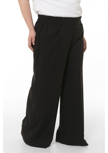 Büyük Beden Beli Yanlardan ve Arkadan Lastikli Bol Paça Double Siyah Pantolon fırsatları