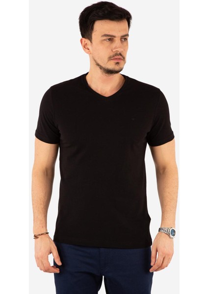 Regular Fit V Yaka %100 Pamuk Kısa Kollu Basic Penye T-Shirt-PE3602TY22