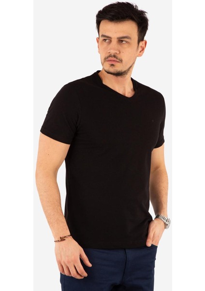 Regular Fit V Yaka %100 Pamuk Kısa Kollu Basic Penye T-Shirt-PE3602TY22