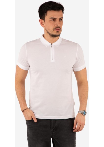 Regular Fit Fermuarlı Polo Yaka %100 Pamuk Kısa Kollu Basic Penye T-Shirt-PE3604TY22