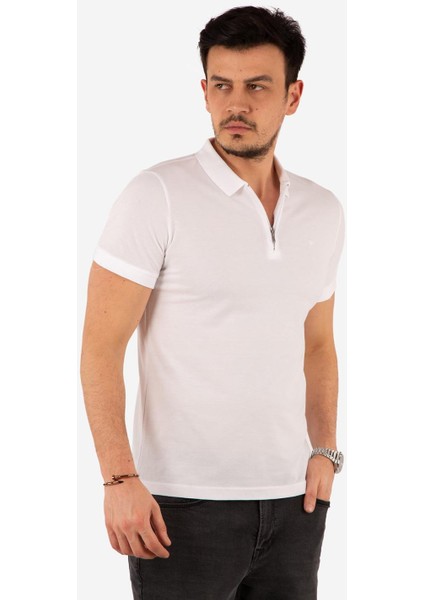 Regular Fit Fermuarlı Polo Yaka %100 Pamuk Kısa Kollu Basic Penye T-Shirt-PE3604TY22