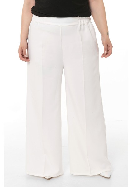 Büyük Beden Beli Yanlardan ve Arkadan Lastikli Bol Paça Double Beyaz Pantolon
