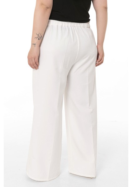 Büyük Beden Beli Yanlardan ve Arkadan Lastikli Bol Paça Double Beyaz Pantolon modelleri