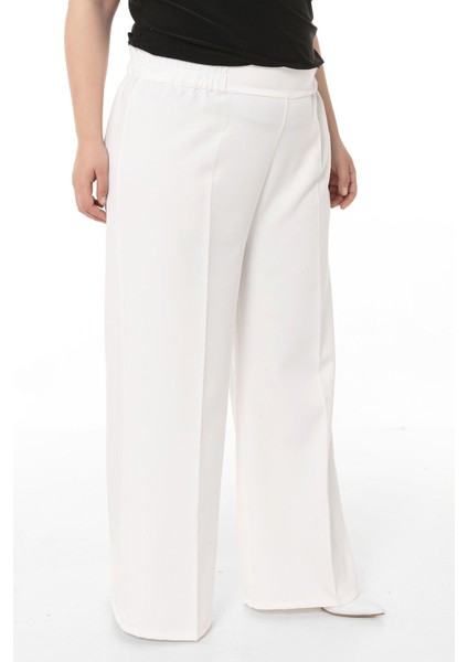 Büyük Beden Beli Yanlardan ve Arkadan Lastikli Bol Paça Double Beyaz Pantolon fırsatları