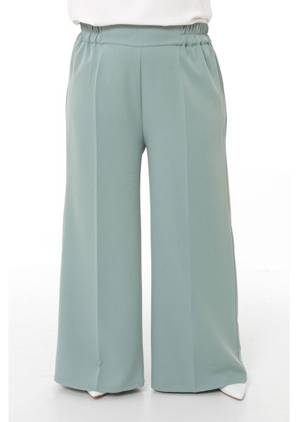 Büyük Beden Beli Yanlardan ve Arkadan Lastikli Bol Paça Double Mint Yeşili Pantolon