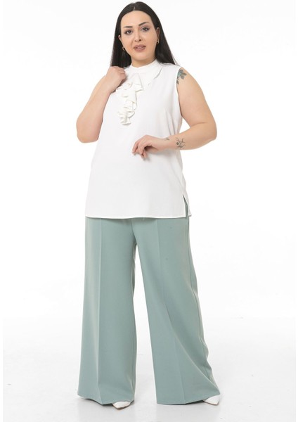Büyük Beden Beli Yanlardan ve Arkadan Lastikli Bol Paça Double Mint Yeşili Pantolon fiyatları