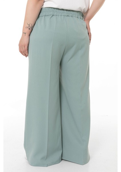 Büyük Beden Beli Yanlardan ve Arkadan Lastikli Bol Paça Double Mint Yeşili Pantolon modelleri