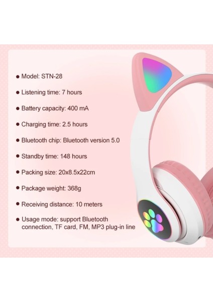 Stn-28 Bluetooth Mikrofonlu LED Işıklı Hafıza Kartı Girişli Kulak Üstü Kedi Kulaklık