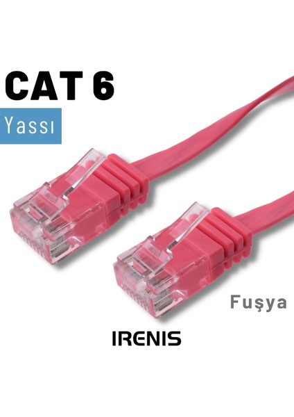 5 Adet CAT6 Yassı Ethernet (Network, LAN) Kablosu, Fuşya, 25 cm