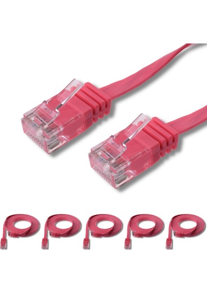 5 Adet CAT6 Yassı Ethernet (Network, LAN) Kablosu, Fuşya, 10 metre
