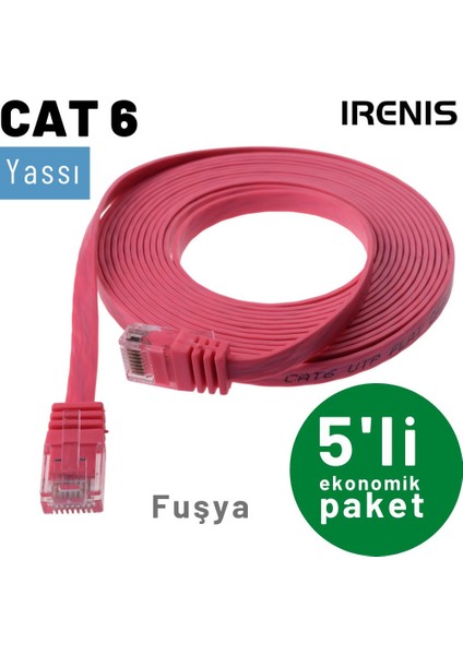 5 Adet CAT6 Yassı Ethernet (Network, LAN) Kablosu, Fuşya, 10 metre