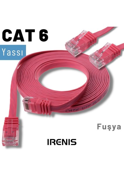 5 Adet CAT6 Yassı Ethernet (Network, LAN) Kablosu, Fuşya, 10 metre