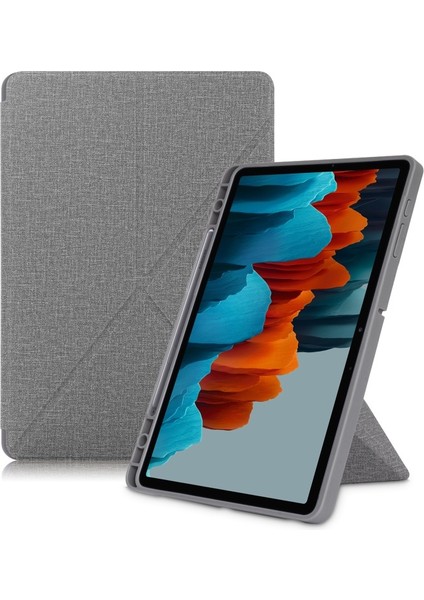 Galaxy Tab S7 Fe T736 Için Kalem Bölmeli Standlı Kumaş + Deri Tablet Kılıfı - Gri (Yurt Dışından)