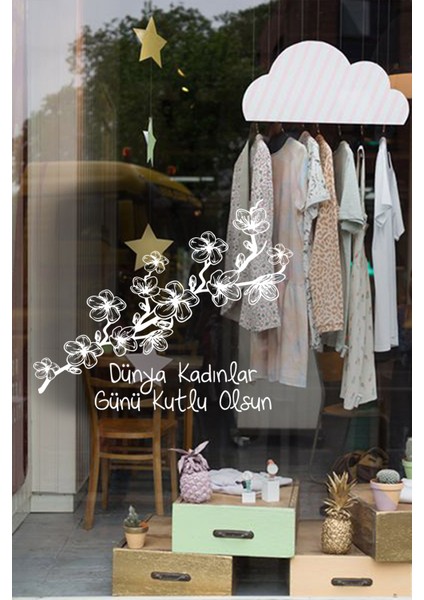 Bahar ve 8 Mart Kadınlar Günü Kutlu Olsun Yazısı Cam Vitrin Stickerı 60CM - Beyaz