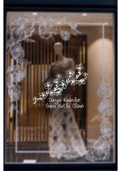Bahar ve 8 Mart Kadınlar Günü Kutlu Olsun Yazısı Cam Vitrin Stickerı 60CM - Beyaz fırsatları