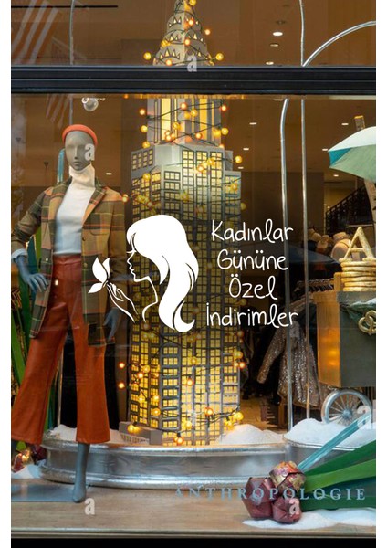 Kelebek ve Kadın 8 Mart Kadınlar Gününe Özel Indirimler Yazısı Cam Vitrin Sticker 60CM - Beyaz