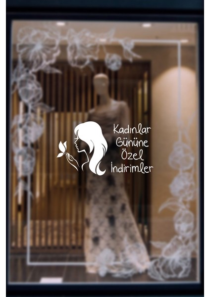 Kelebek ve Kadın 8 Mart Kadınlar Gününe Özel Indirimler Yazısı Cam Vitrin Sticker 60CM - Beyaz fırsatları