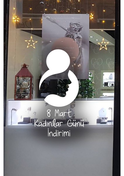 8 Mart Kadınlar Günü Indirimi Yazısı Cam Vitrin Sticker 60CM - Beyaz