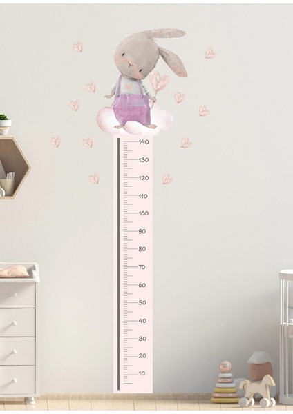 Pembe Tulumlu Tavşan Boy Ölçer Duvar Sticker