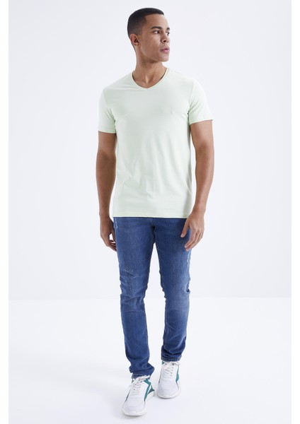 Açık Yeşil Basic Kısa Kol Standart Kalıp V Yaka Erkek T-Shirt - 87912