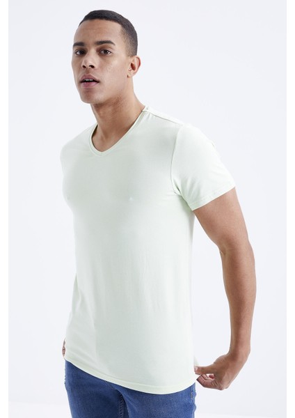 Açık Yeşil Basic Kısa Kol Standart Kalıp V Yaka Erkek T-Shirt - 87912