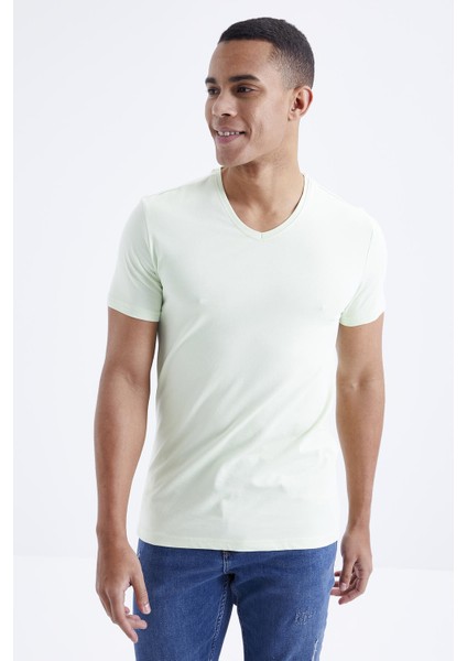 Açık Yeşil Basic Kısa Kol Standart Kalıp V Yaka Erkek T-Shirt - 87912