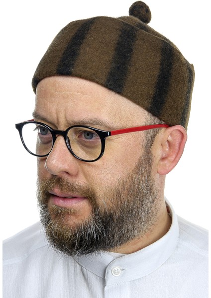 Keçe Yün Takke - Çizgili Kahverengi