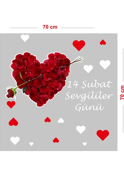 Gül Yaprakları ve Kalp, Sevgililer Günü Cam Vitrin Oda Stickerı 70CM