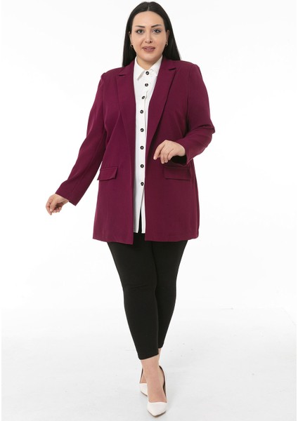 Büyük Beden Mono Yaka Süs Cep Kapaklı Bordo Astarsız Kadın Ceket