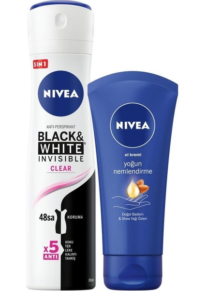 B&W Clear Kadın Sprey Deodorant 150 Ml + Nivea Nemlendirici El Bakım Kremi 75 Ml