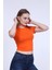 Kadın Turuncu Bisiklet Yaka Basic Crop T-Shirt 2