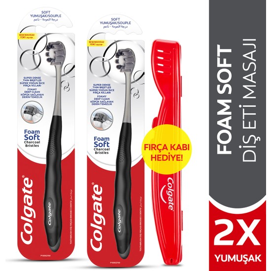 Colgate Foamsoft Siyah Diş Eti Masajı Yumuşak Diş Fırçası x 2 + Diş Fırçası Kabı