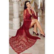 Imaj 4200 Kadın Bordo Çeyizlik Set Saten Dantelli Sabahlıklı Gecelik Takım