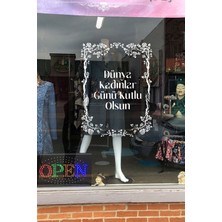 Taç Süslemeler ve 8 Mart Kadınlar Günü Kutlu Olsun Yazısı Cam Vitrin Stickerı 60CM - Beyaz