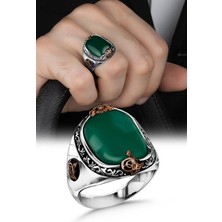 Tesbih Sepetim Yeşil Akik Taşlı Yanları Osmanlı Tuğrası ve Armalı Gümüş Erkek Yüzük