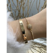 Jackferrero Kadın Gold Renk 2 Li  Kombin  Bileklik Seti  Renk Atmaz Altın Kaplama Zirkon Taş