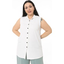 Disentis Modest Büyük Beden Gömlek Yaka Düğmeli Kolsuz Beyaz Gömlek