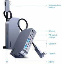 Baseus Bending Type C 6in1 Hub Adaptör, 2x Usb, 1x Pd Type C, 1x 3.5mm, 1xhdmi, 1x Tf Çeviric