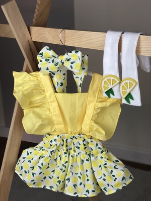 Baby Puff Kız Çocuk Limon Desen Salopet Bandana Çorap Seti
