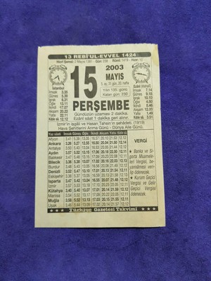 Hasyılmaz 15 Mayıs 2003 Takvim Yaprağı - Nostaljik Koleksiyonluk Takvim Yaprağı