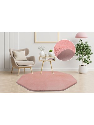 My Evilla Modern Dekoratif Halı Jel Kaymaz Taban Peluş Puffy Desenli Pembe Sekizgen Halı