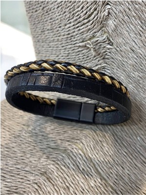 Jenny Daphne Erkek Gerçek Deri Çelik Kelepçe Renk Atmaz Bileklik