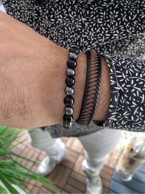 Jenny Daphne Erkek Deri ve Hematit Doğataş Renk Atmaz Bileklik 2 Li Kombin