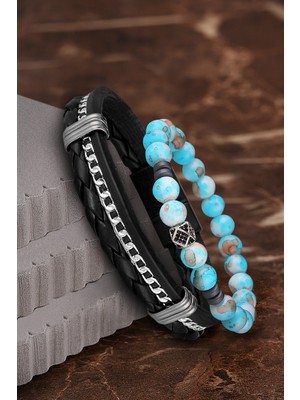 Jackferrero Özel Tasarım Erkek Deri ve Doğaltaş Bileklik Kombin