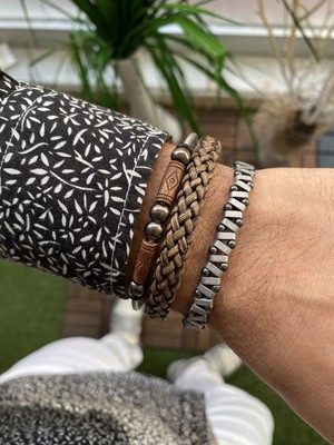 Jenny Daphne Erkek Deri ve Hematit Doğataş Renk Atmaz Bileklik 2 Li Kombin