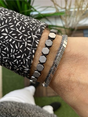 Jenny Daphne Erkek Hematit Doğataş  Renk Atmaz Bileklik 2 Li Kombin