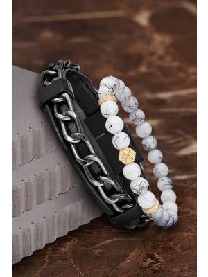 Jackferrero Özel Tasarım Erkek Deri ve Doğaltaş Bileklik Kombin