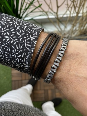 Jenny Daphne Erkek Deri ve Hematit Doğataş Renk Atmaz Bileklik 2 Li Kombin