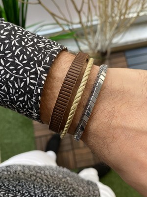 Jenny Daphne Erkek Hematit Doğataş ve Deri Renk Atmaz Bileklik 2 Li Kombin